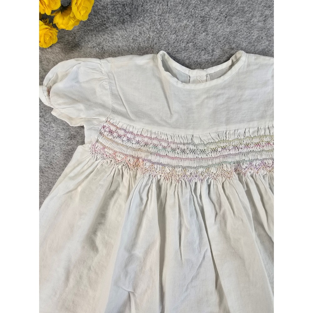 Vintage Hand Smocked Baby Dress White Cotton Pastel Embroidery Short Sleeve 3-6m - Picture 2 of 9
